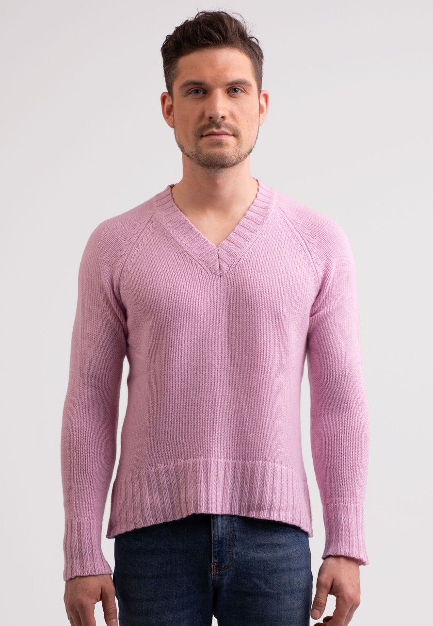 Manner CASH-MERE.CH | Grobgestrickter Recycelter Kaschmir V-Ausschnitt Pullover Rosa