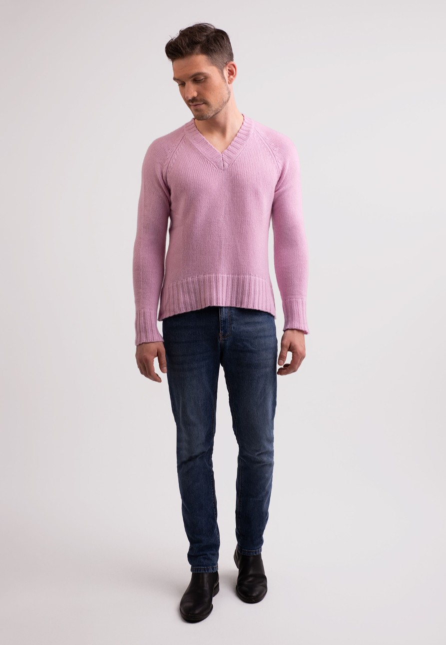 Manner CASH-MERE.CH | Grobgestrickter Recycelter Kaschmir V-Ausschnitt Pullover Rosa