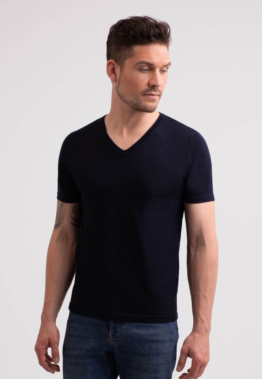 Manner CASH-MERE.CH | Kaschmir T-Shirt Mit V-Ausschnitt Marine Blau