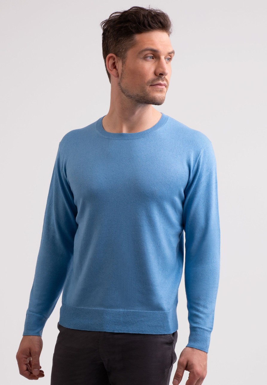 Manner CASH-MERE.CH | Seide Kaschmir Rundhals Pullover Capri Blau