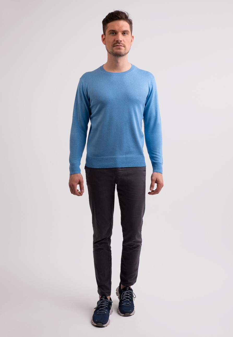 Manner CASH-MERE.CH | Seide Kaschmir Rundhals Pullover Capri Blau