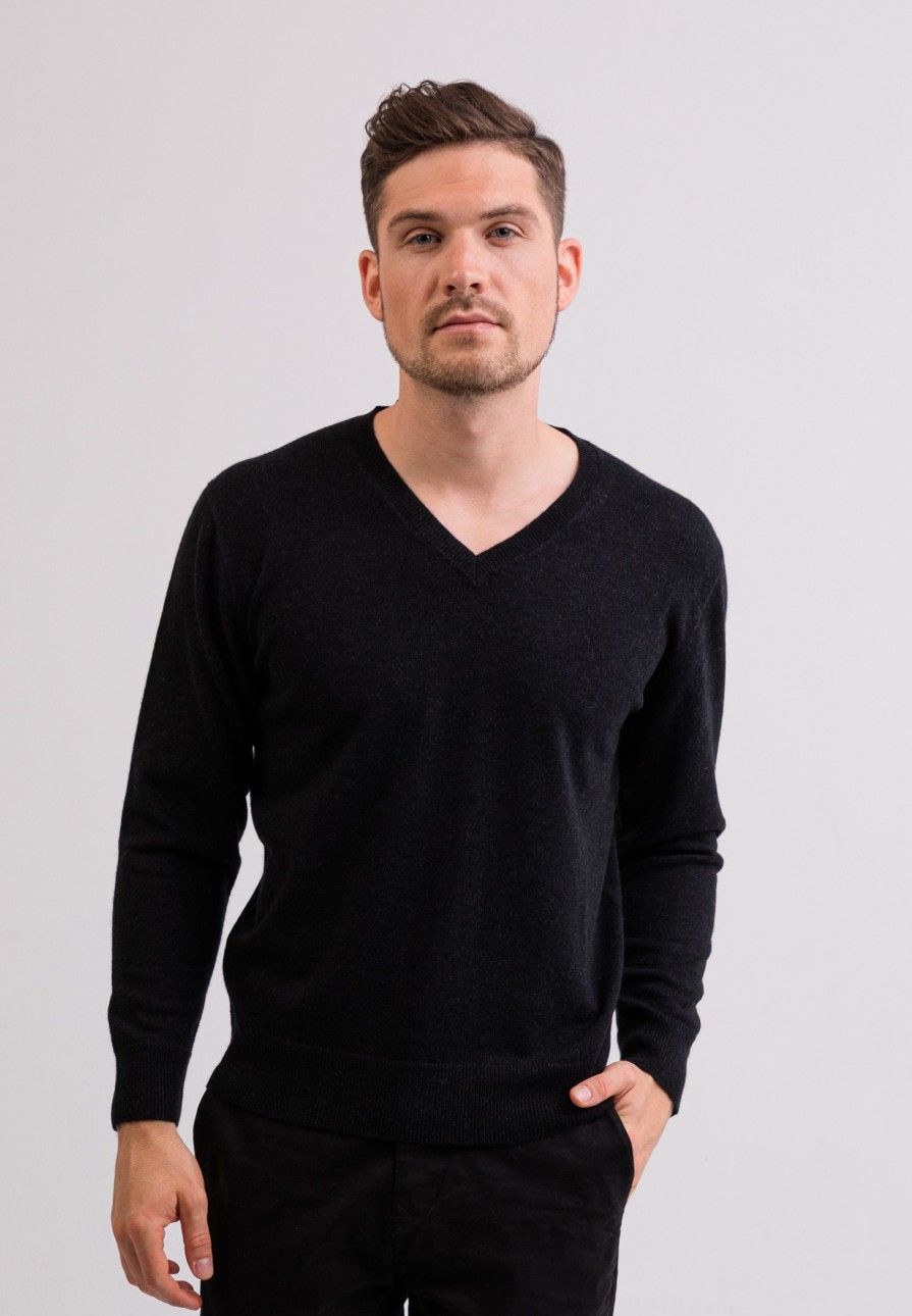 Manner CASH-MERE.CH | Kaschmir V-Ausschnitt Pullover Holzkohle