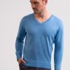 Manner CASH-MERE.CH | Seide Kaschmir V-Ausschnitt Pullover Capri Blau