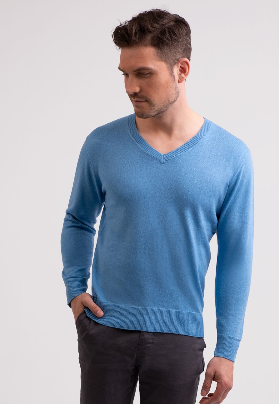 Manner CASH-MERE.CH | Seide Kaschmir V-Ausschnitt Pullover Capri Blau