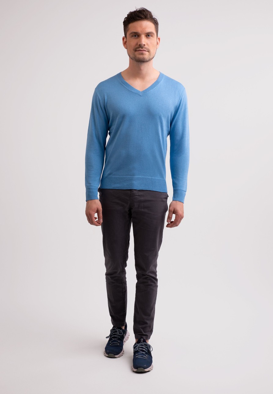 Manner CASH-MERE.CH | Seide Kaschmir V-Ausschnitt Pullover Capri Blau