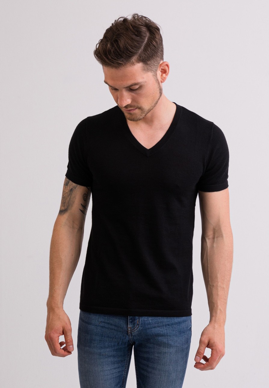 Manner CASH-MERE.CH | Kaschmir T-Shirt Mit V-Ausschnitt Schwarz