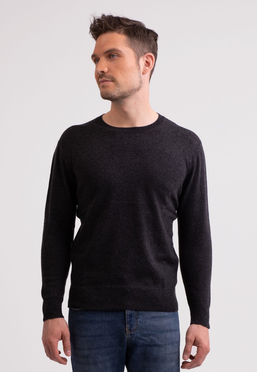 Manner CASH-MERE.CH | Kaschmir Rundhals Pullover Dunkel Anthrazit