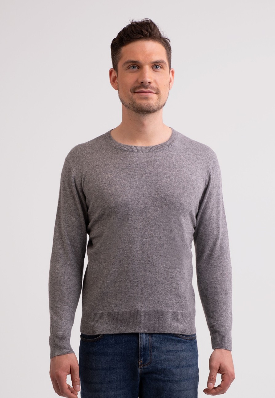 Manner CASH-MERE.CH | Recycelter Kaschmir Rundhals Pullover Mittel Grau Melange