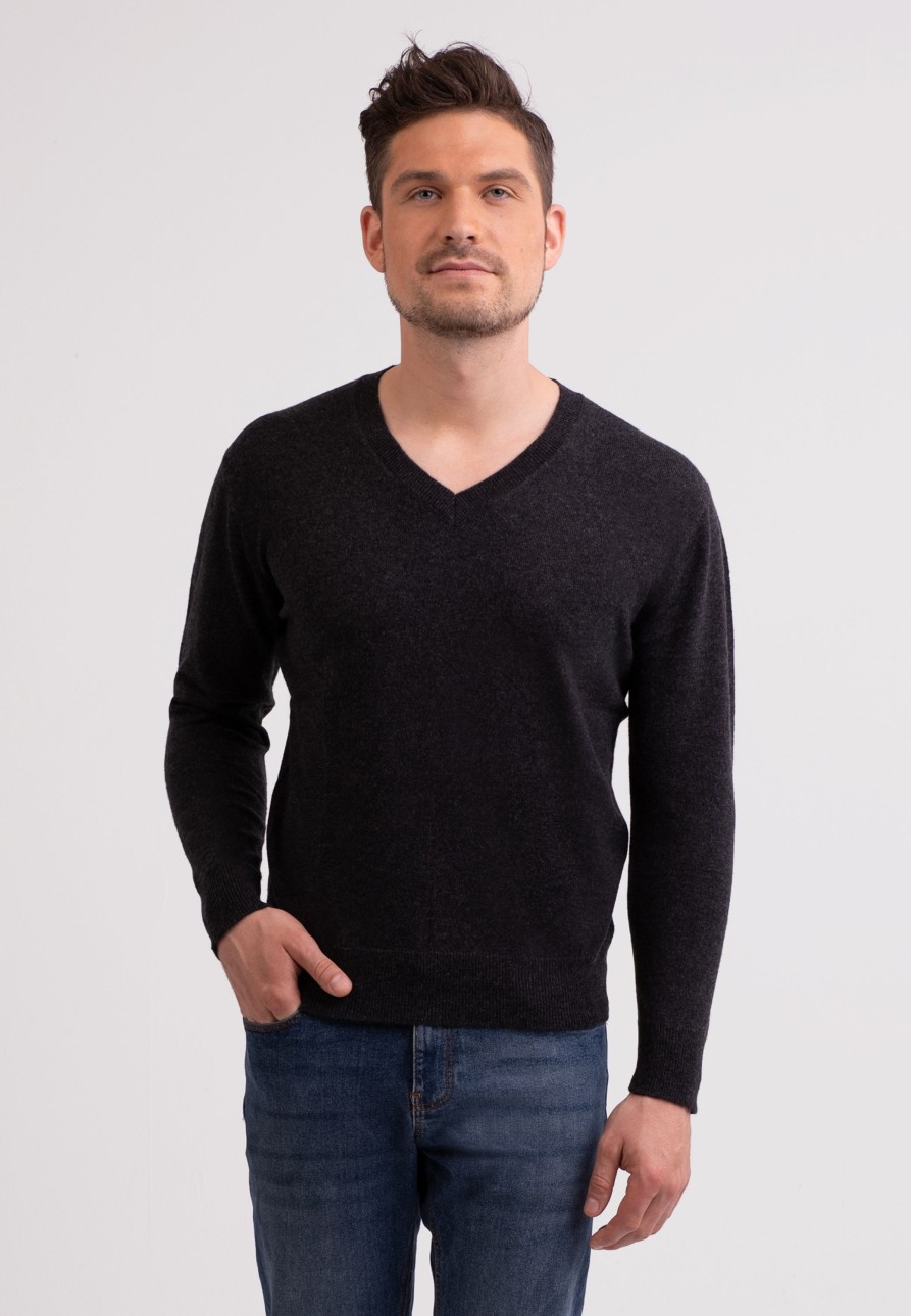 Manner CASH-MERE.CH | Kaschmir V-Ausschnitt Pullover Dunkel Anthrazit