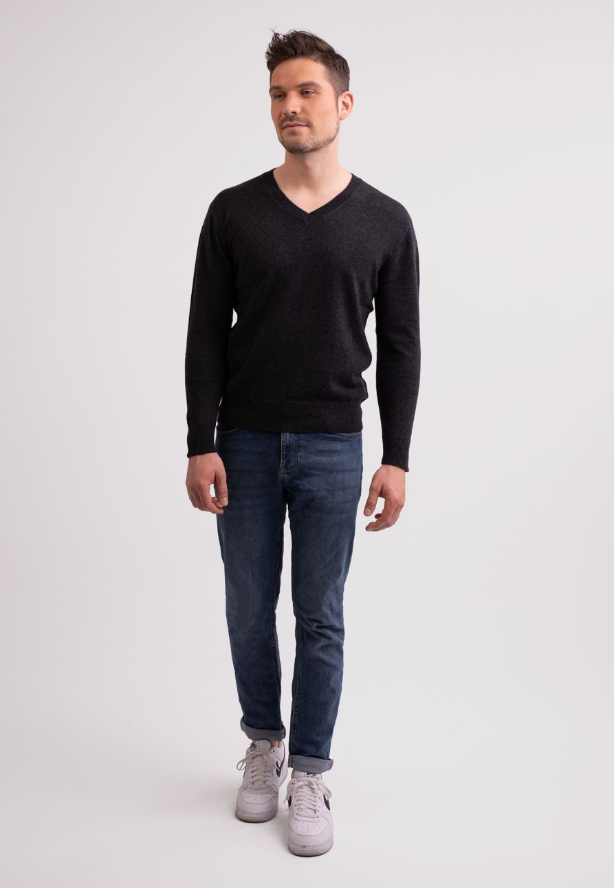 Manner CASH-MERE.CH | Kaschmir V-Ausschnitt Pullover Dunkel Anthrazit