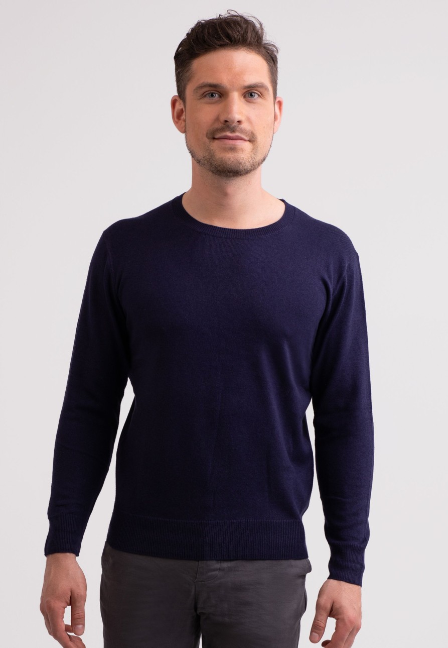 Manner CASH-MERE.CH | Seide Kaschmir Rundhals Pullover Marine Blau