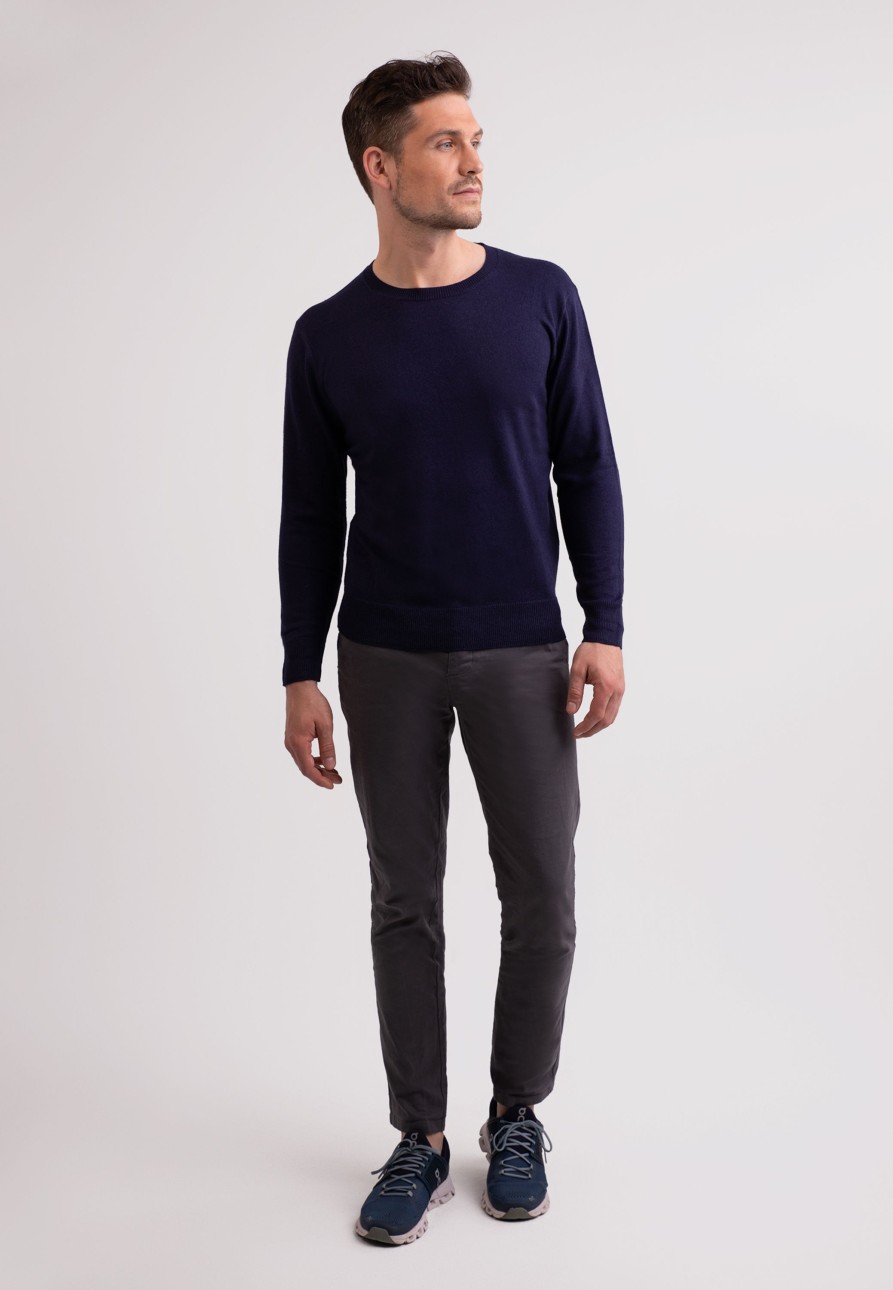 Manner CASH-MERE.CH | Seide Kaschmir Rundhals Pullover Marine Blau