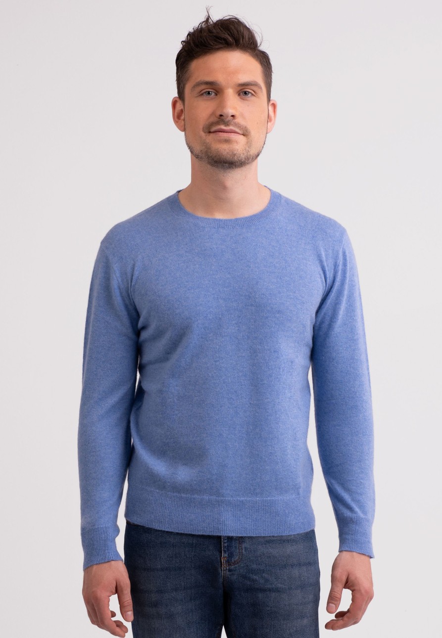 Manner CASH-MERE.CH | Kaschmir Rundhals Pullover Azurblau