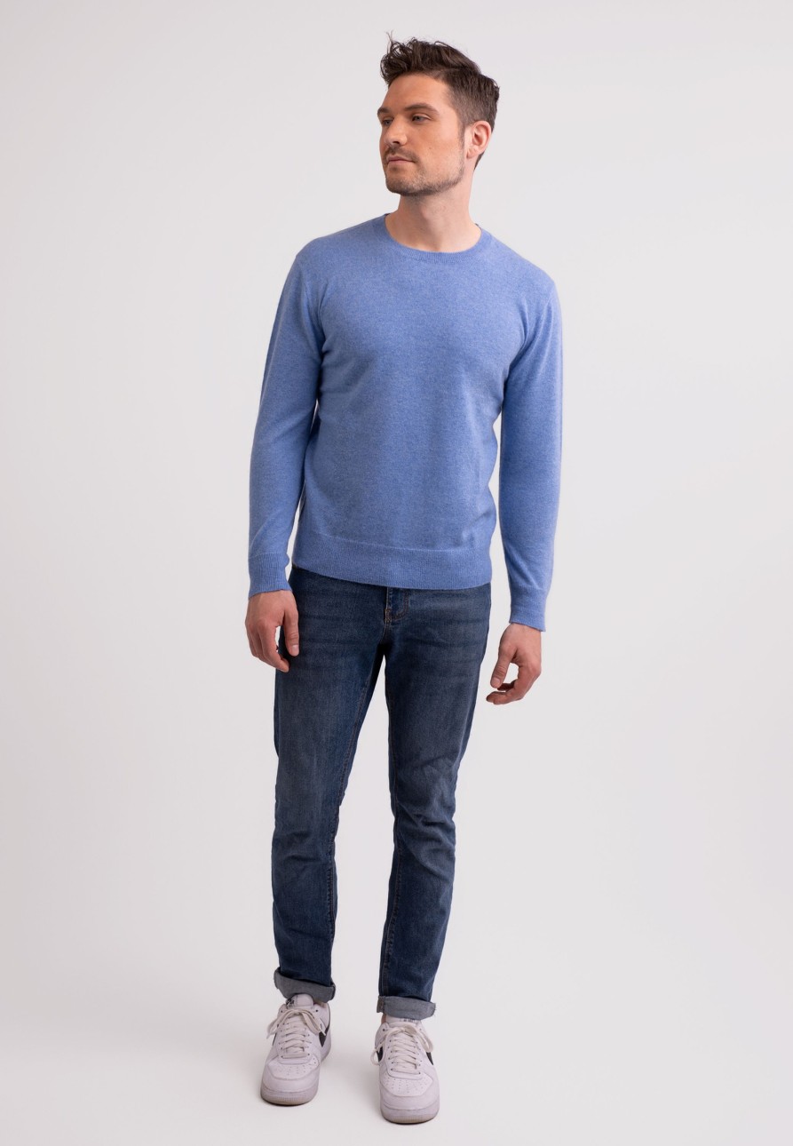 Manner CASH-MERE.CH | Kaschmir Rundhals Pullover Azurblau