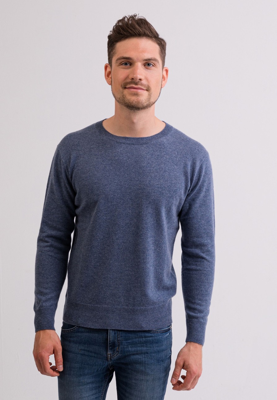 Manner CASH-MERE.CH | Kaschmir Rundhals Pullover Jeans Blau