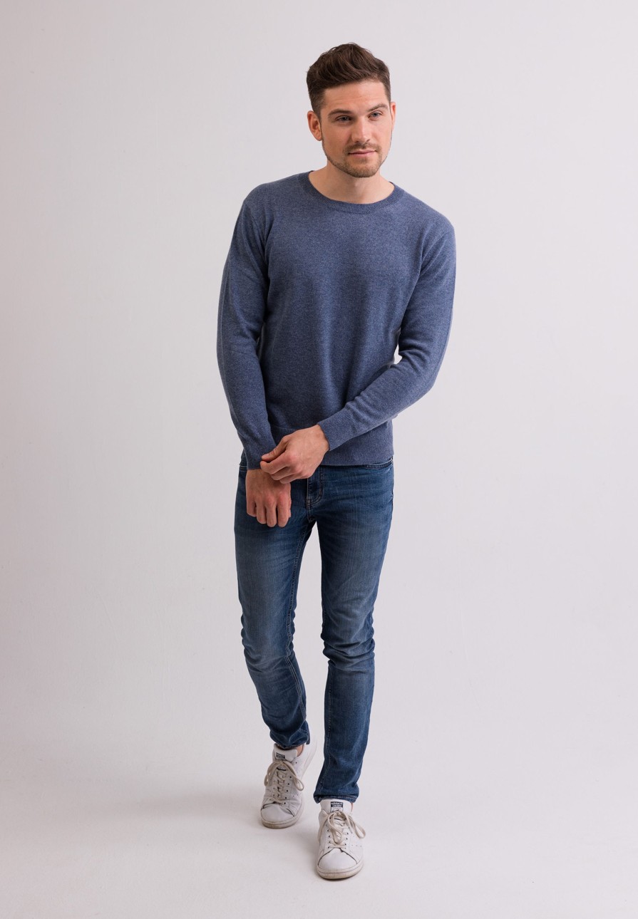 Manner CASH-MERE.CH | Kaschmir Rundhals Pullover Jeans Blau