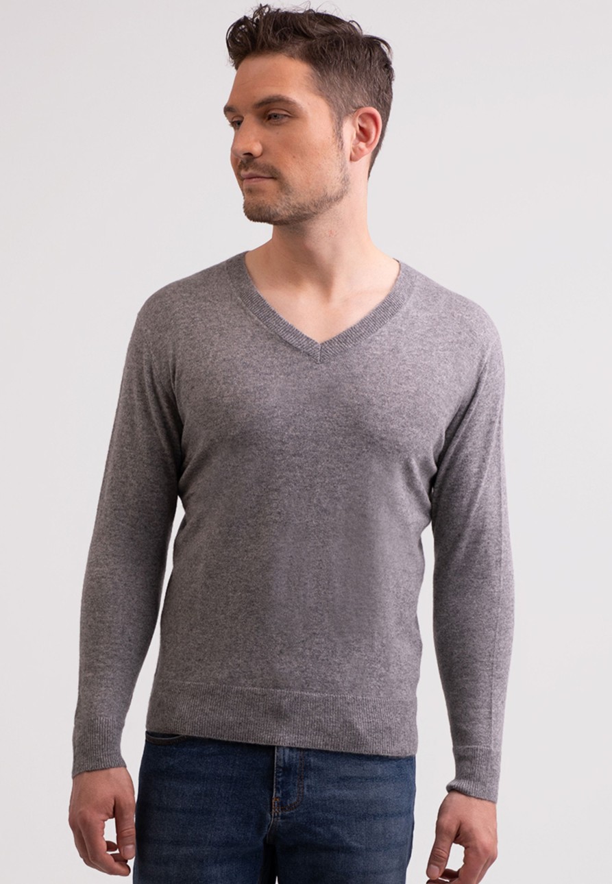 Manner CASH-MERE.CH | Recycelter Kaschmir V-Ausschnitt Pullover Mittel Grau Melange