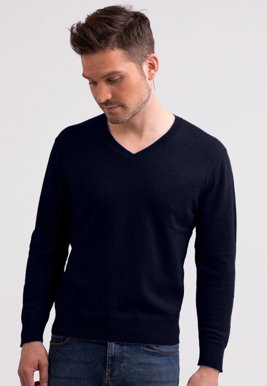 Manner CASH-MERE.CH | Kaschmir V-Ausschnitt Pullover Marine Blau