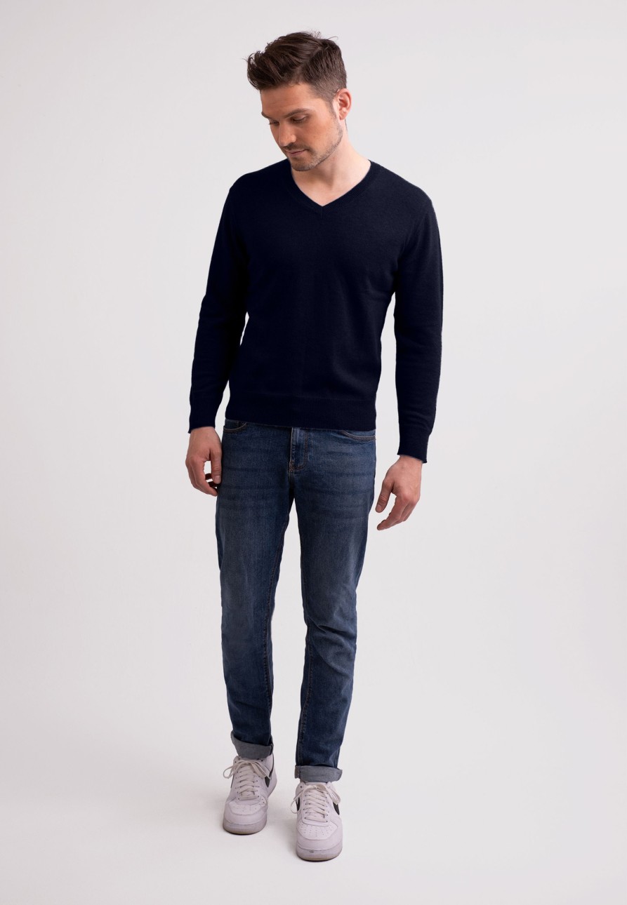 Manner CASH-MERE.CH | Kaschmir V-Ausschnitt Pullover Marine Blau