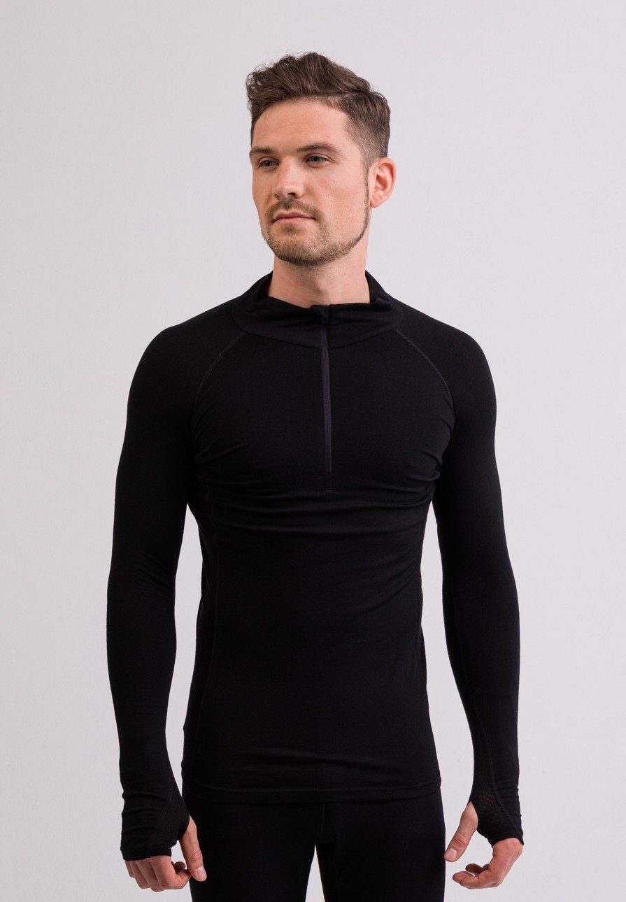 Manner CASH-MERE.CH | High Performance Kaschmir Sportwasche Langarm-Shirt Mit Stehkragen Und Half-Zip Schwarz