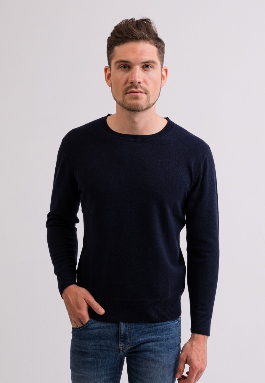 Manner CASH-MERE.CH | Kaschmir Rundhals Pullover Marine Blau