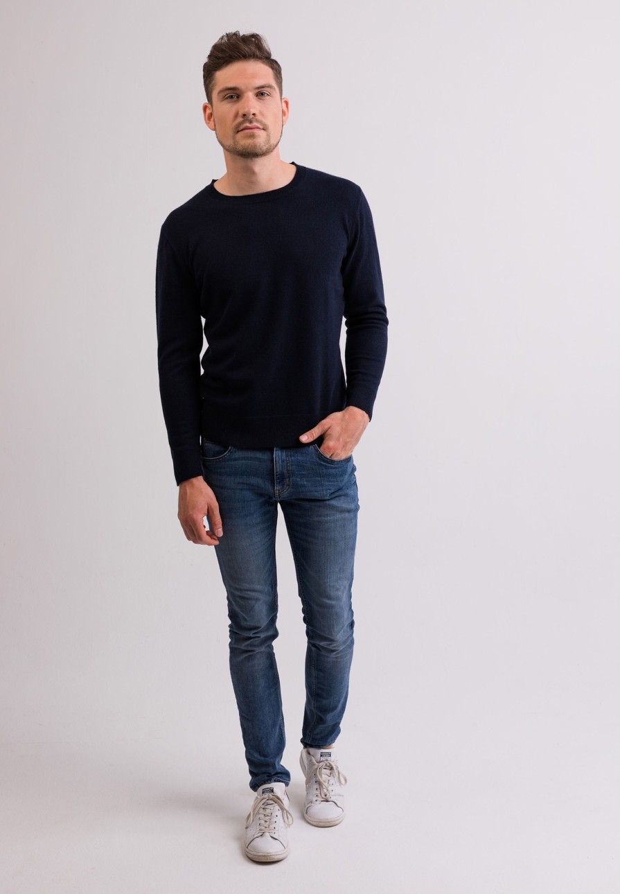 Manner CASH-MERE.CH | Kaschmir Rundhals Pullover Marine Blau