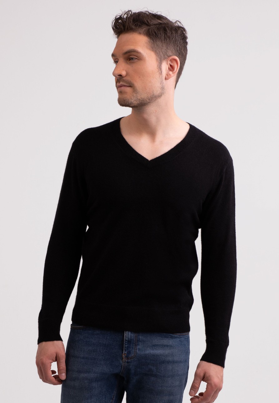 Manner CASH-MERE.CH | Recycelter Kaschmir V-Ausschnitt Pullover Schwarz