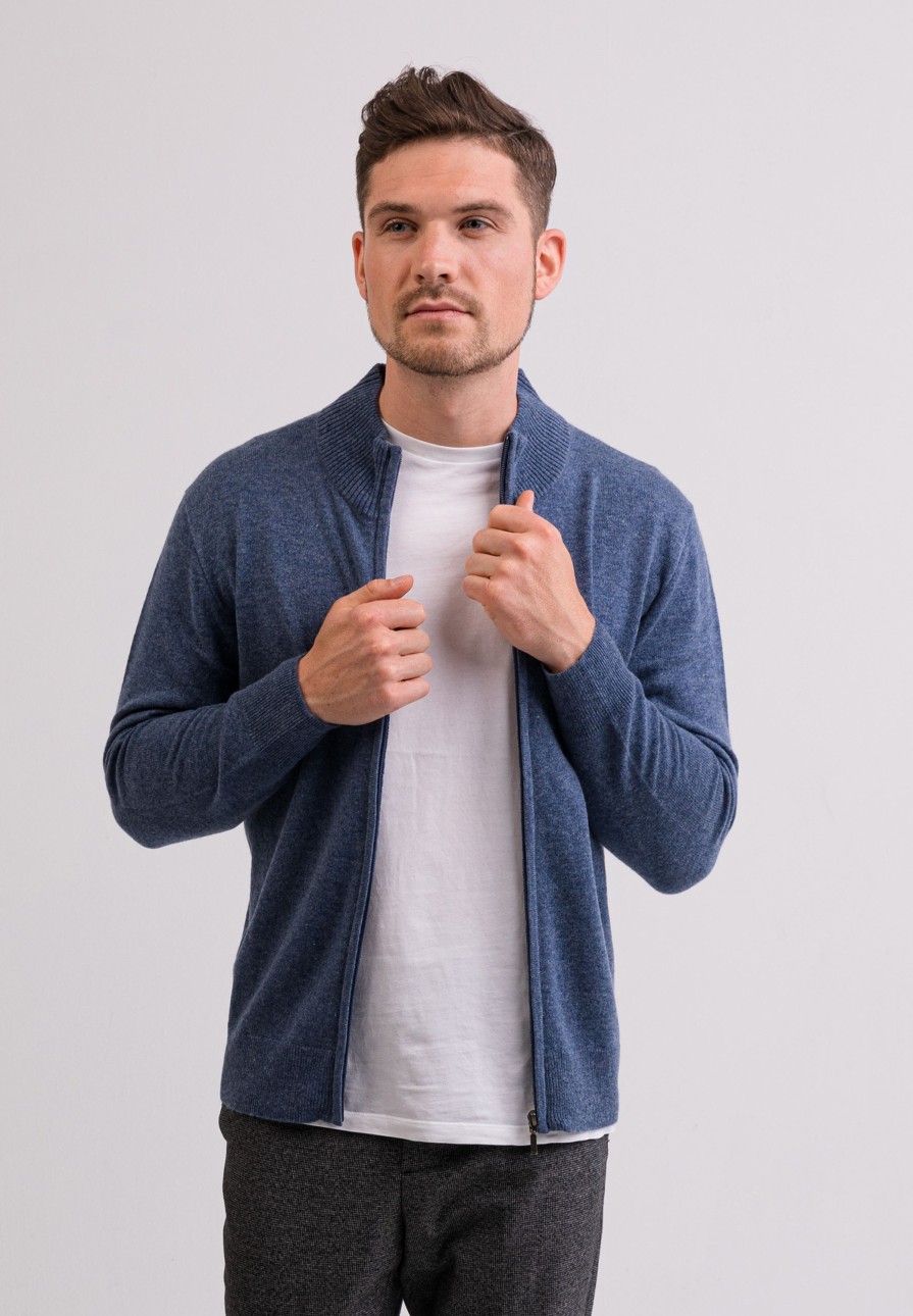 Manner CASH-MERE.CH | Kaschmir Strickjacke Cardigan Jeans Blau