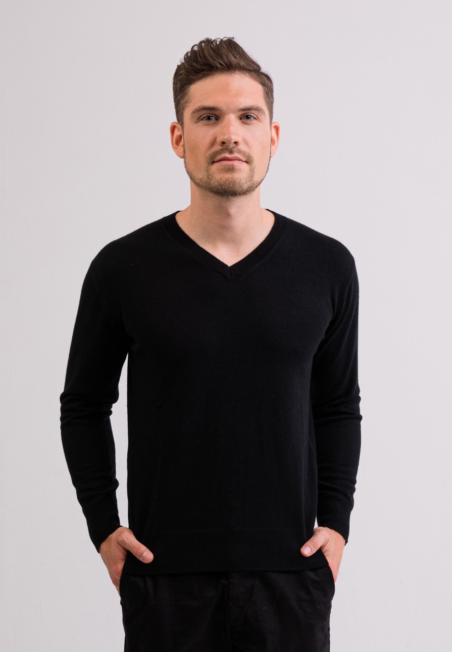 Manner CASH-MERE.CH | Kaschmir V-Ausschnitt Pullover Schwarz