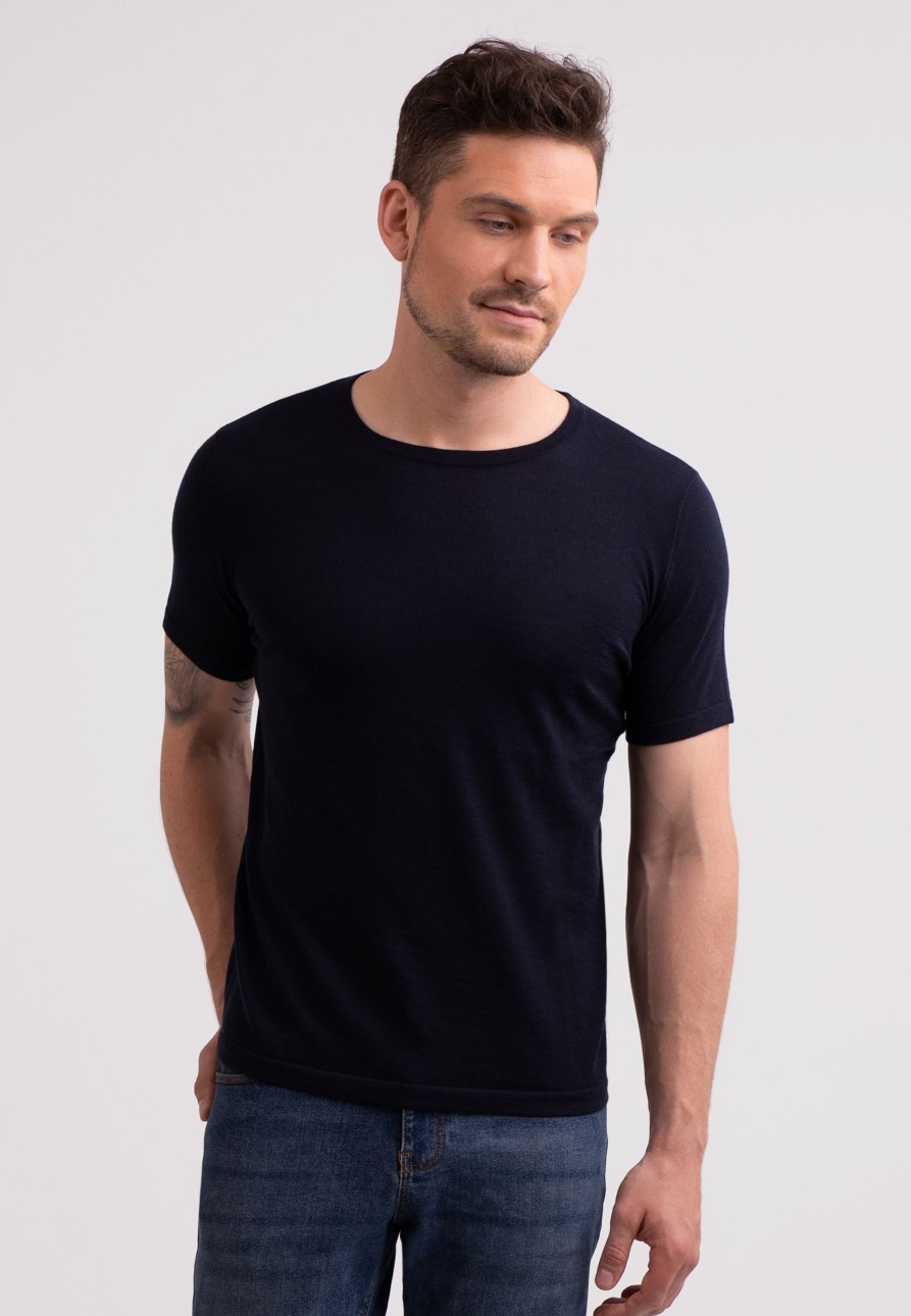 Manner CASH-MERE.CH | Kaschmir T-Shirt Mit Rundhals Marine Blau