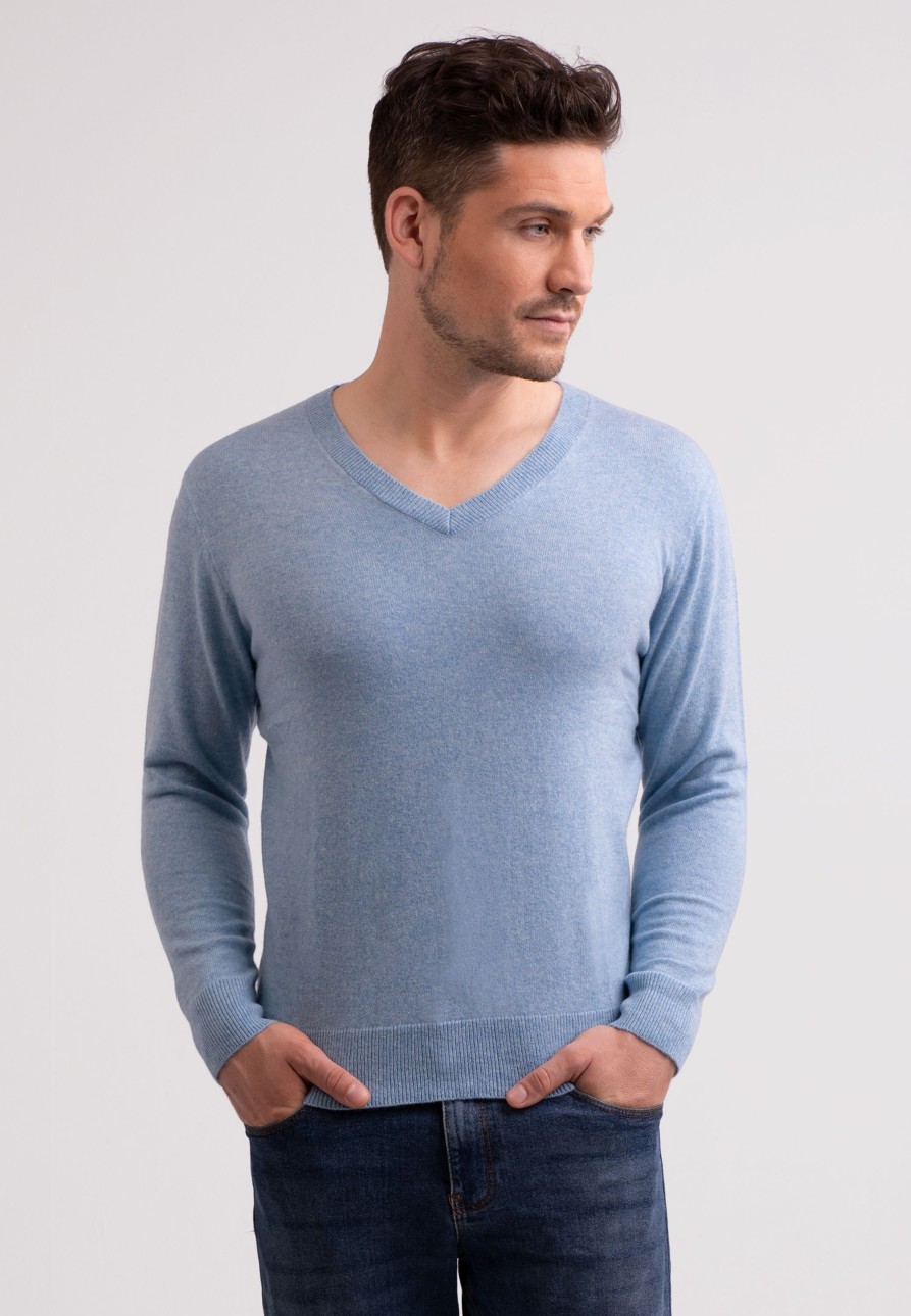 Manner CASH-MERE.CH | Recycelter Kaschmir V-Ausschnitt Pullover Hellblau Melange