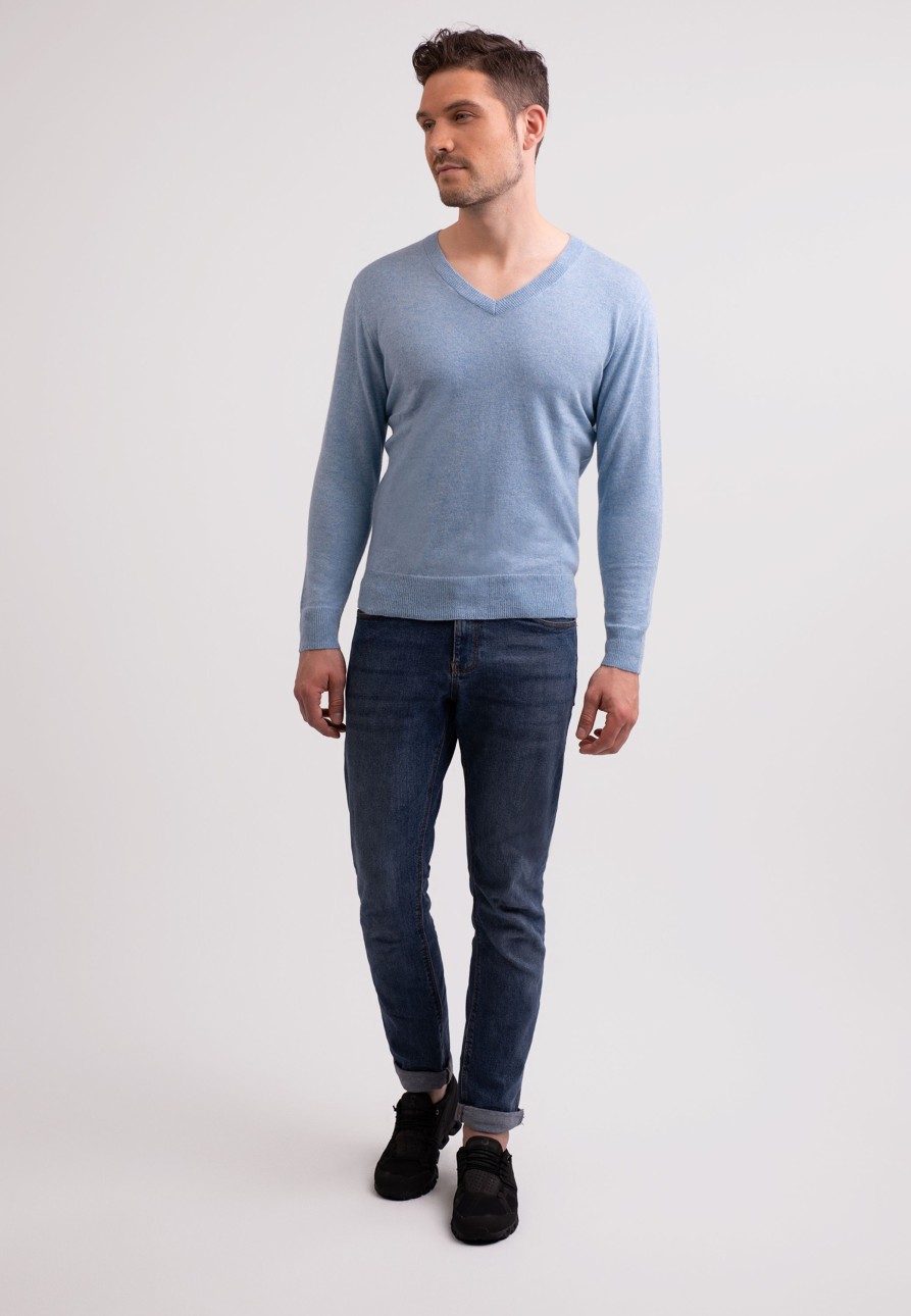 Manner CASH-MERE.CH | Recycelter Kaschmir V-Ausschnitt Pullover Hellblau Melange