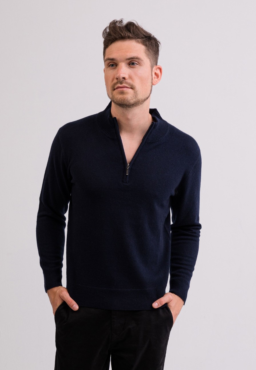 Manner CASH-MERE.CH | Kaschmir Stehkragen Pullover Marine Blau