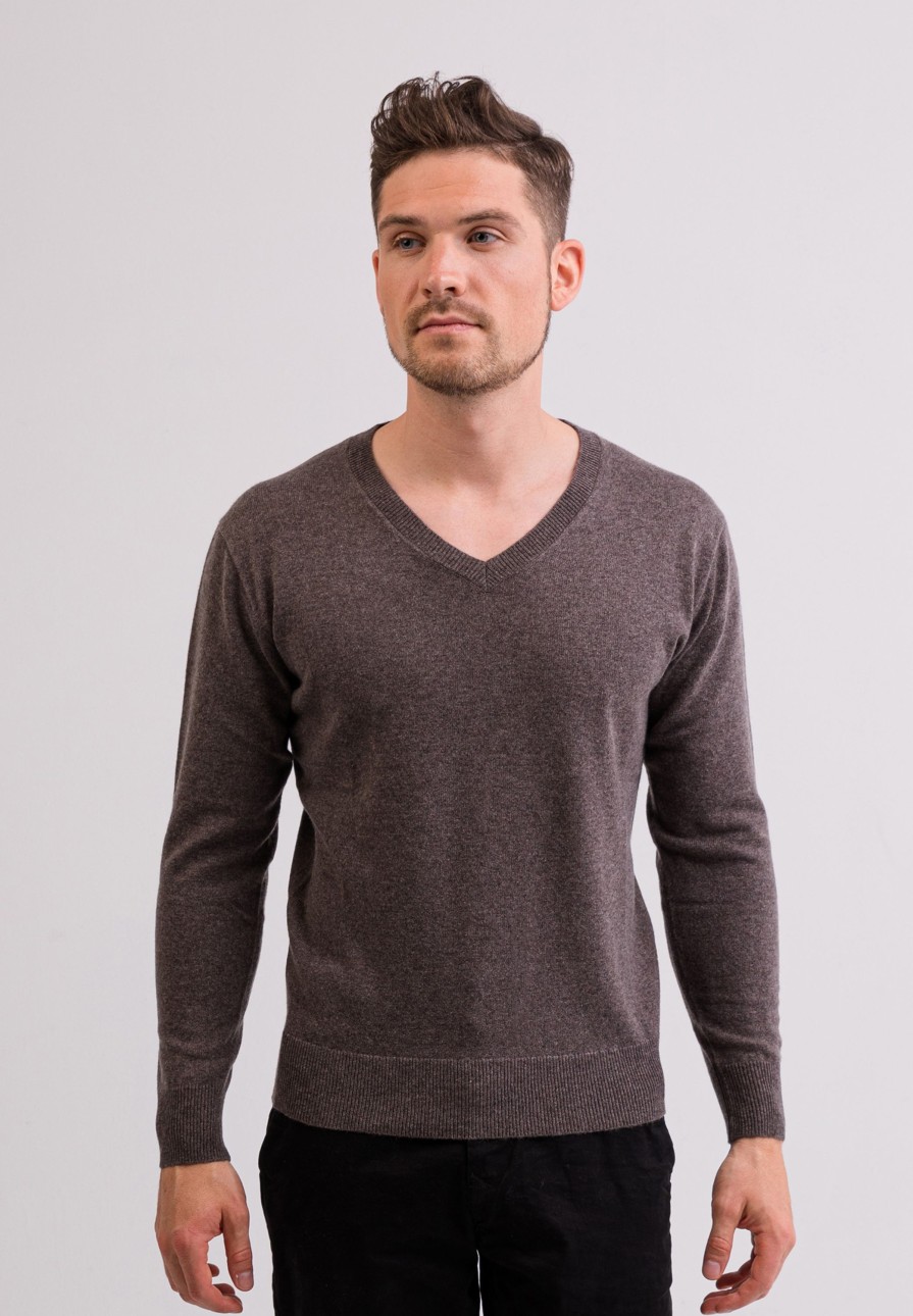 Manner CASH-MERE.CH | Kaschmir V-Ausschnitt Pullover Taupe Melange