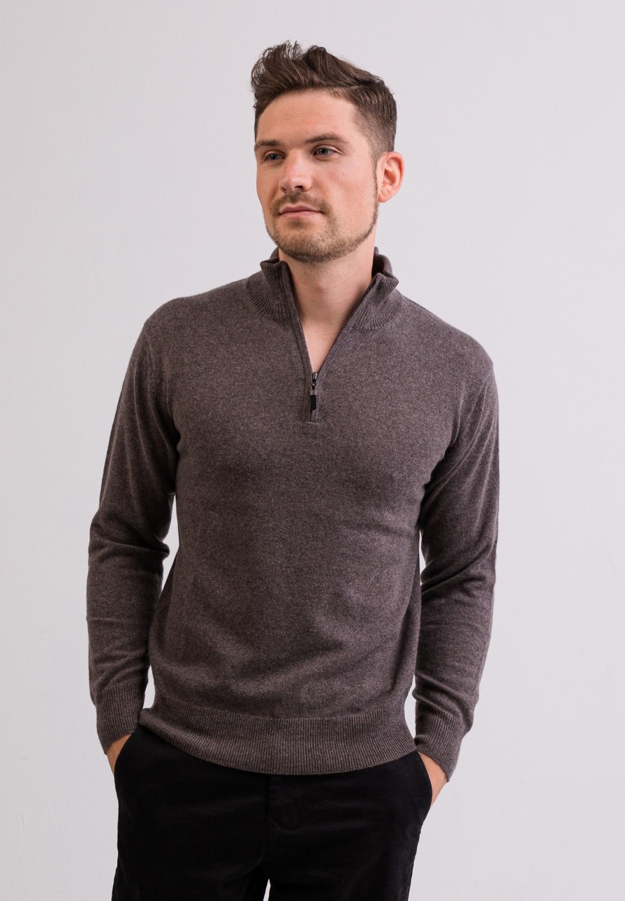 Manner CASH-MERE.CH | Kaschmir Stehkragen Pullover Taupe Melange