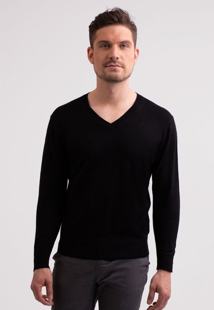 Manner CASH-MERE.CH | Seide Kaschmir V-Ausschnitt Pullover Schwarz