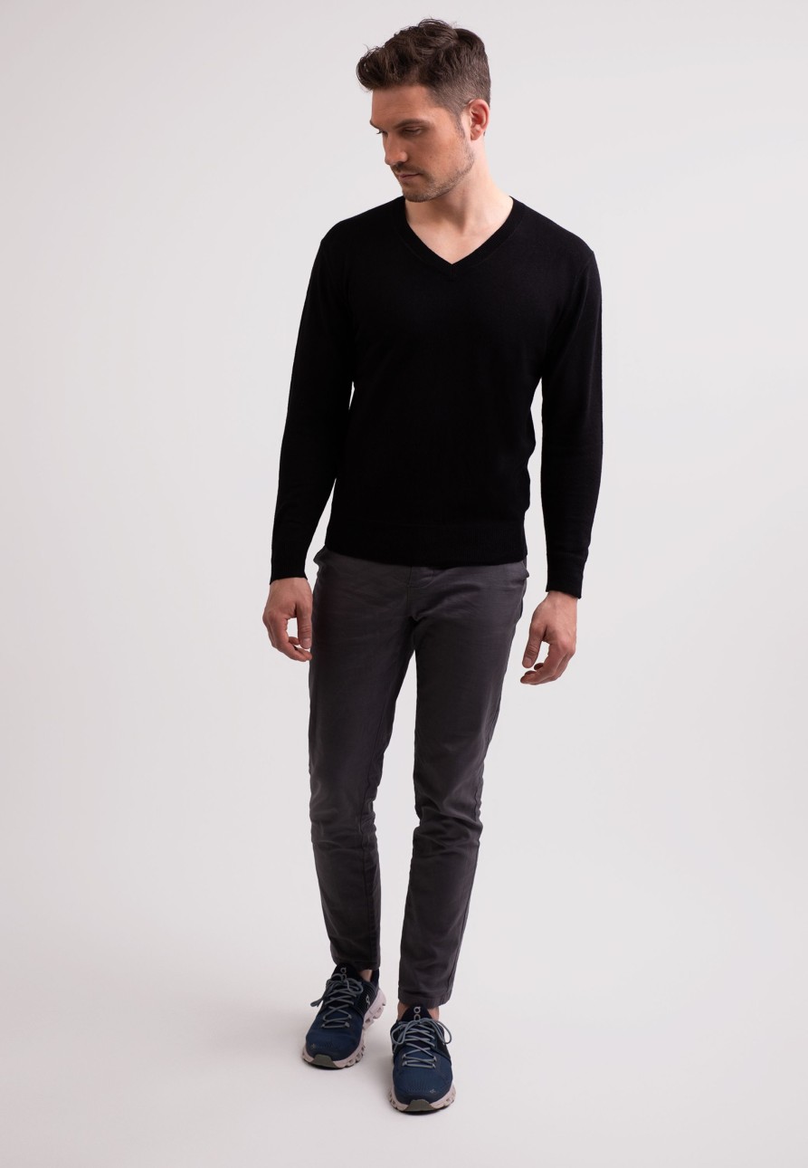 Manner CASH-MERE.CH | Seide Kaschmir V-Ausschnitt Pullover Schwarz