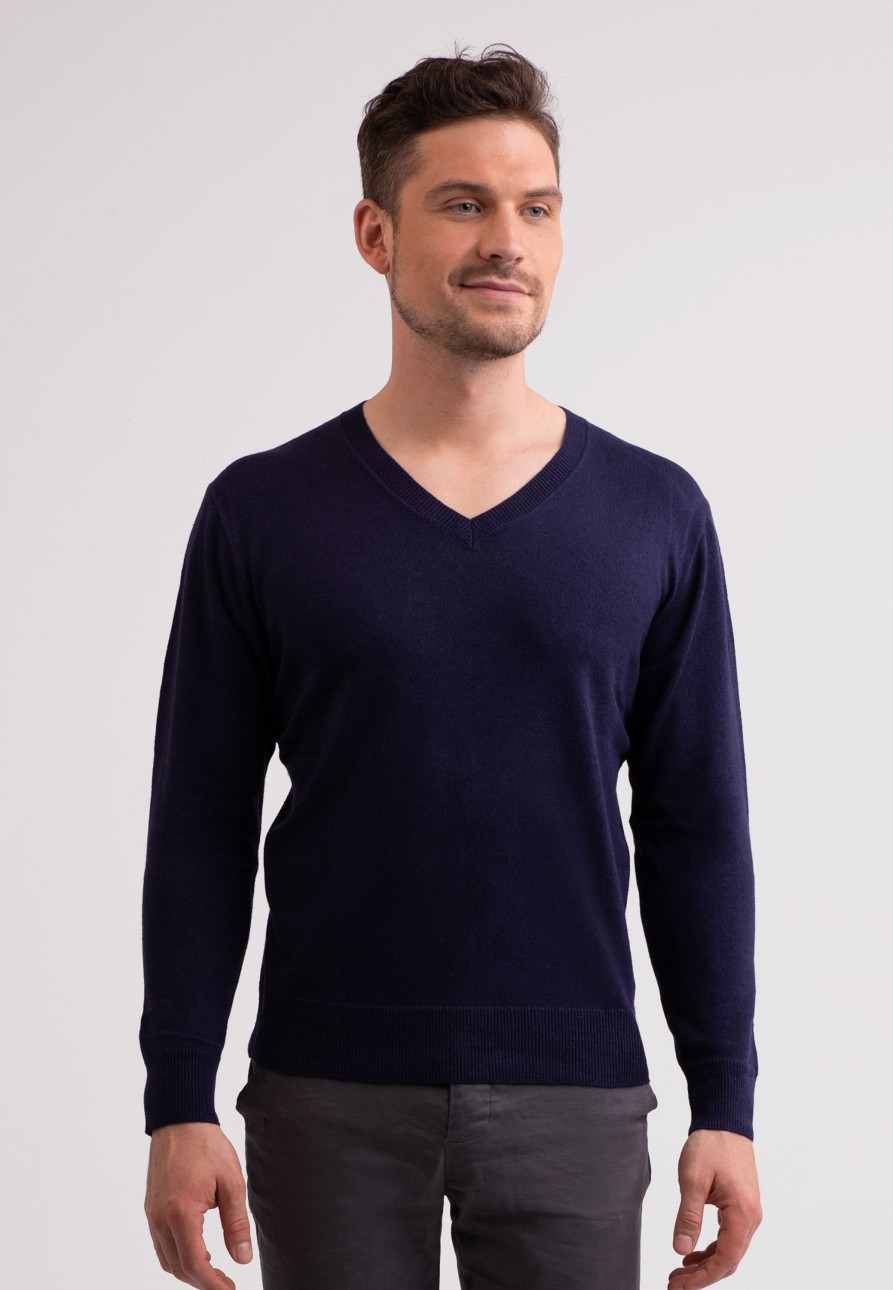 Manner CASH-MERE.CH | Seide Kaschmir V-Ausschnitt Pullover Marine Blau