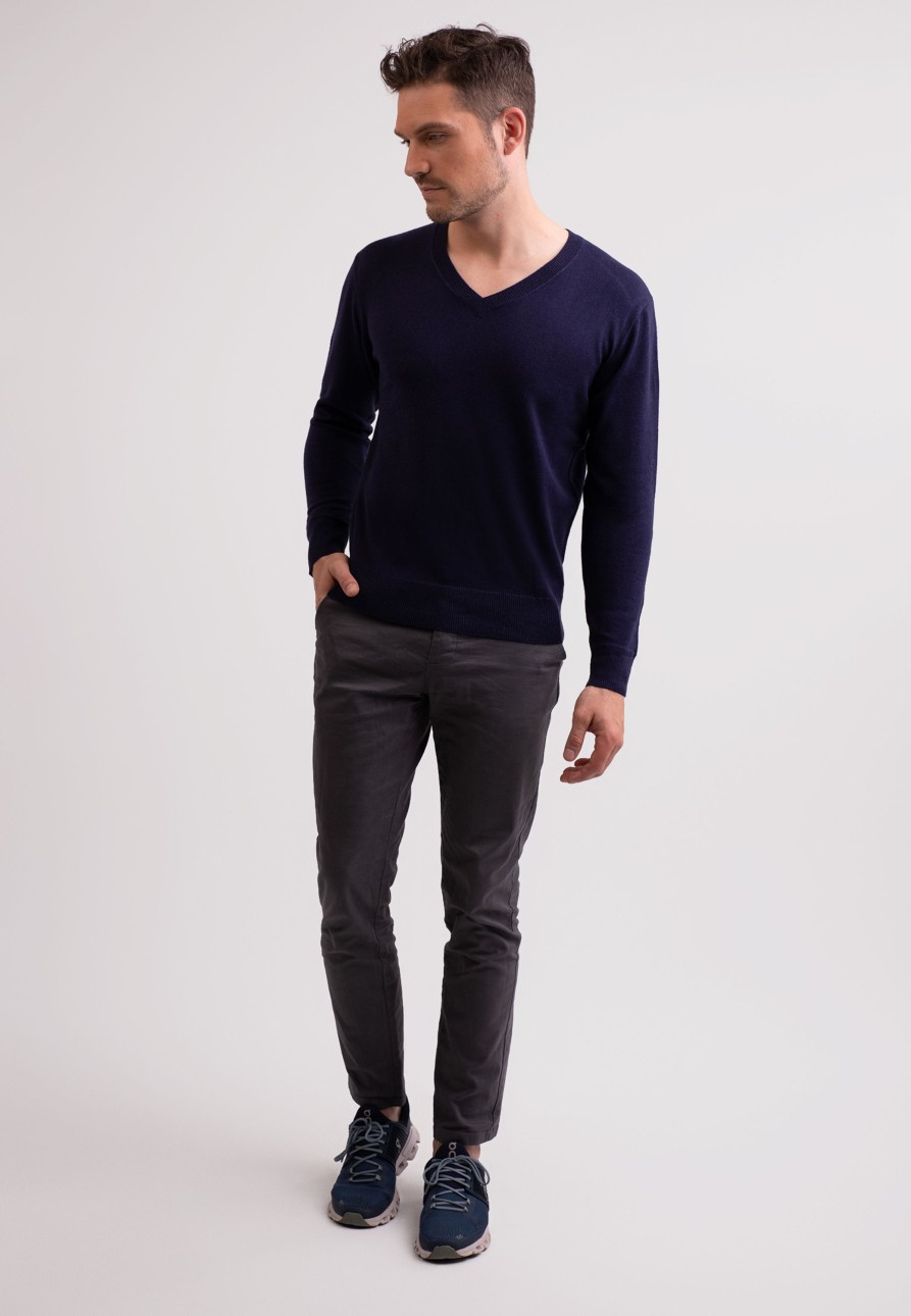 Manner CASH-MERE.CH | Seide Kaschmir V-Ausschnitt Pullover Marine Blau